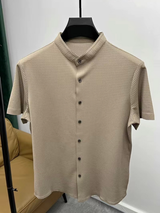 Vintage Waffle-Weave Mandarin Collar Shirt